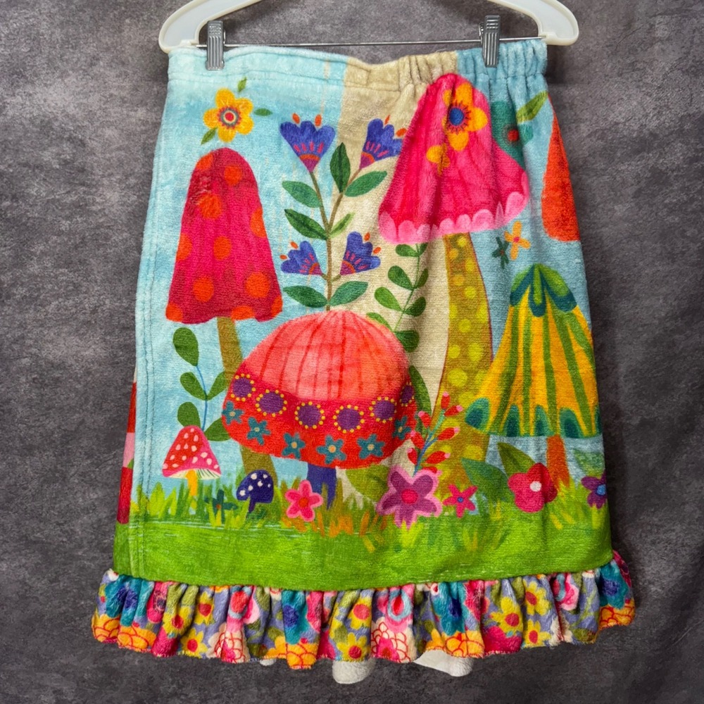 Natural Life Plush Mushroom Floral Print Wrap Towel Coverup Skirt Sz S/M Ruffle